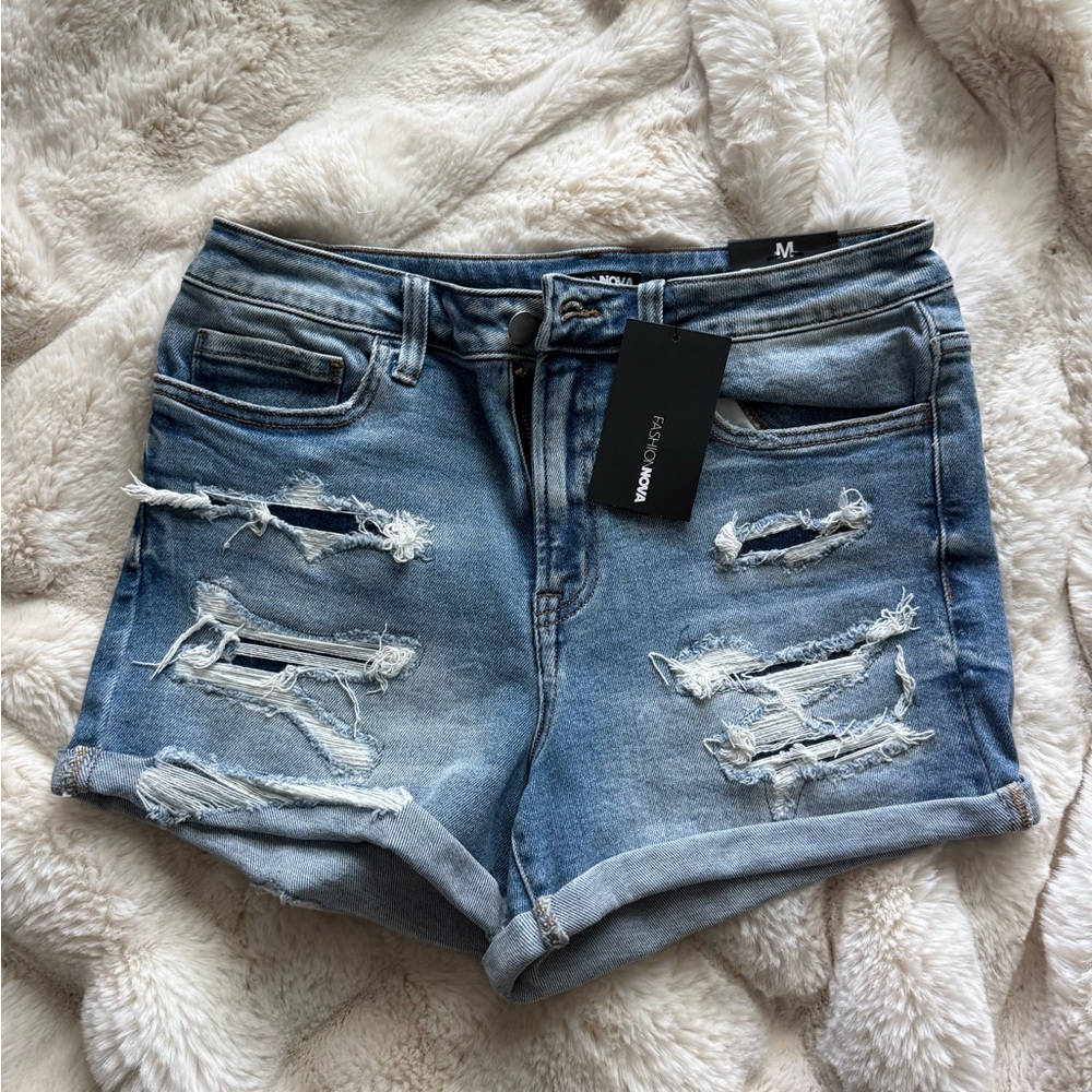 Fashion Nova Light Blue Distressed Denim Jean Shorts